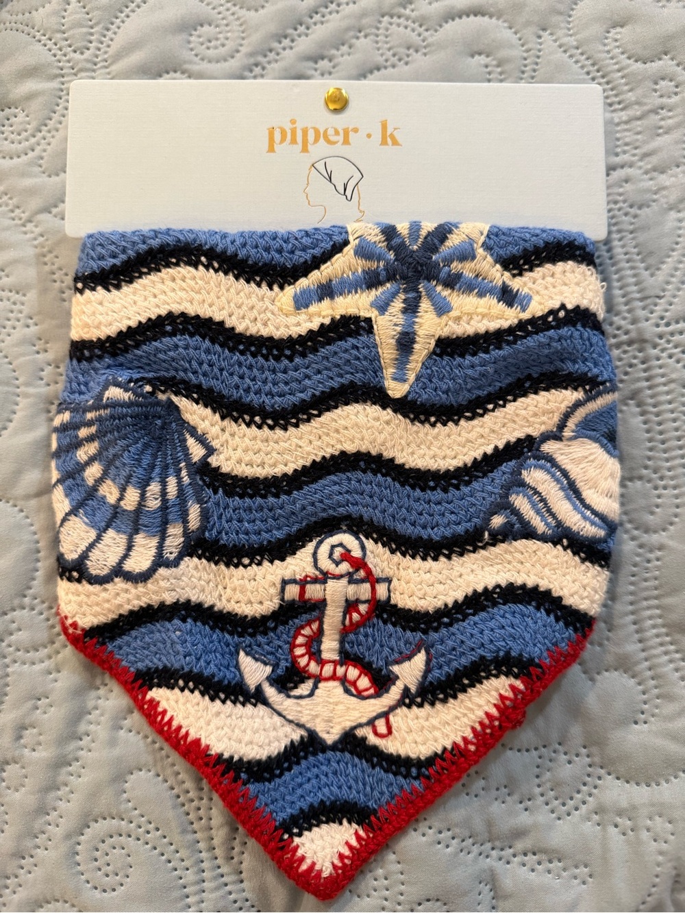 Piper K Nautical Knit Bandana Hair Scarf in Blue, White and Red